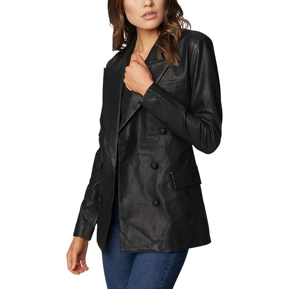 Blank NYCโDouble Breasted Blazer Long Vegan Leather Black Rhinestone Buttons S